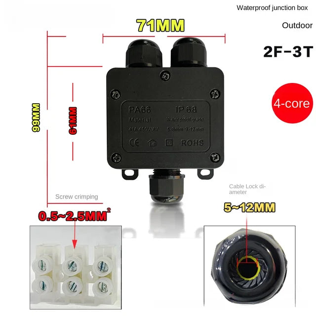 IP68 Outdoor Waterproof Junction Box - Black 3 Way Mini Connector Box ...