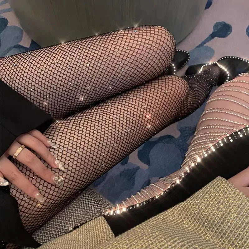 2024 Summer Fishnet Diamond Pantyhose for Women - Sexy Fashion Shiny Net Tights, Slim Rhinestone Mesh Nylon Stockings
