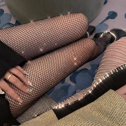 2024 Summer Fishnet Diamond Pantyhose for Women - Sexy Fashion Shiny Net Tights, Slim Rhinestone Mesh Nylon Stockings