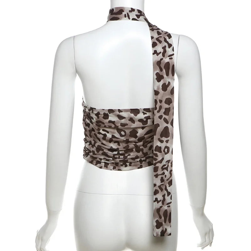Women’s Tulle Leopard Print Off-Shoulder Top – Summer Casual Bandeau Blouse with Straight-Cut Neckline