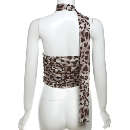 Women’s Tulle Leopard Print Off-Shoulder Top – Summer Casual Bandeau Blouse with Straight-Cut Neckline