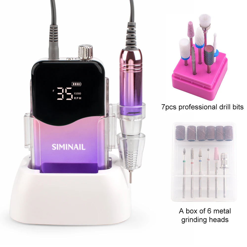 SIMINAIL Professional Nail Drill Machine – 35000RPM Portable Electric Nail File with Rechargeable E-File Bit Kit