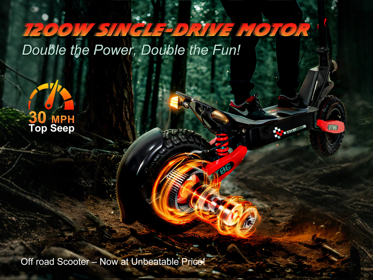 30MPH Electric Scooter with 1200W Motor – 20/40 Mile Range, Spring Damping, Disc Brake & 11" Off-Road Folding Tires