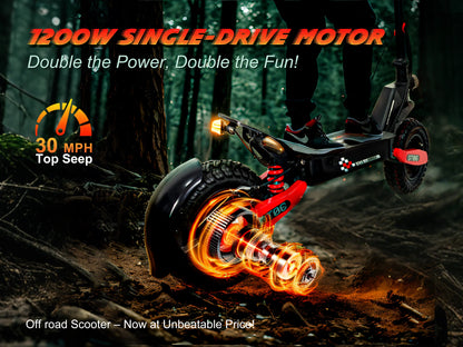 30MPH Electric Scooter with 1200W Motor – 20/40 Mile Range, Spring Damping, Disc Brake & 11" Off-Road Folding Tires