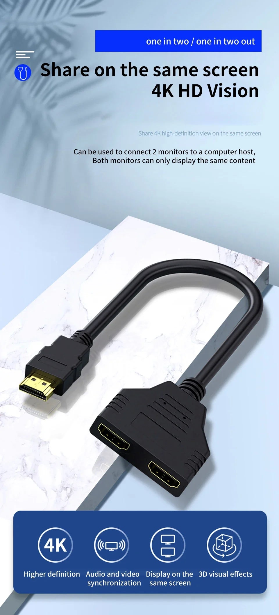 HDMI HD Cable Splitter – 1080P 2-Port Y Splitter, 1 In 2 Out Adapter for LCD TV, PS3, HDMI-Compatible Devices