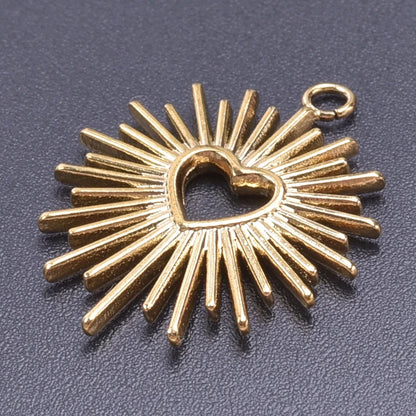 6pcs Real Gold-Plated Sun Charms - Stainless Steel Jewelry Making Pendants, Heart, Moon & Sunshine Design