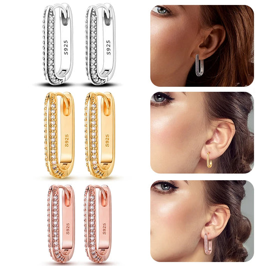 2024 New 925 Sterling Silver Rectangular Hoop Earrings with Zircon - Golden Luxury Wedding Gift for Women