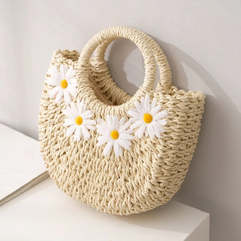 Hand-Woven Straw Beach Bag – Women’s Handmade Moon Basket Crossbody Bohemian Summer Tote