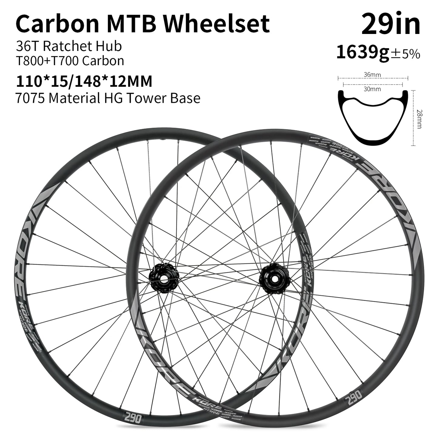 KORE MTB Carbon Wheelset – 27.5/29in Enduro & Downhill with 36T Ratchet HG Hub, BOOST, 28H, 30–36mm Width