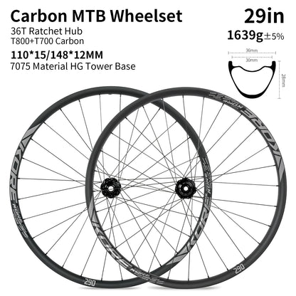 KORE MTB Carbon Wheelset – 27.5/29in Enduro & Downhill with 36T Ratchet HG Hub, BOOST, 28H, 30–36mm Width