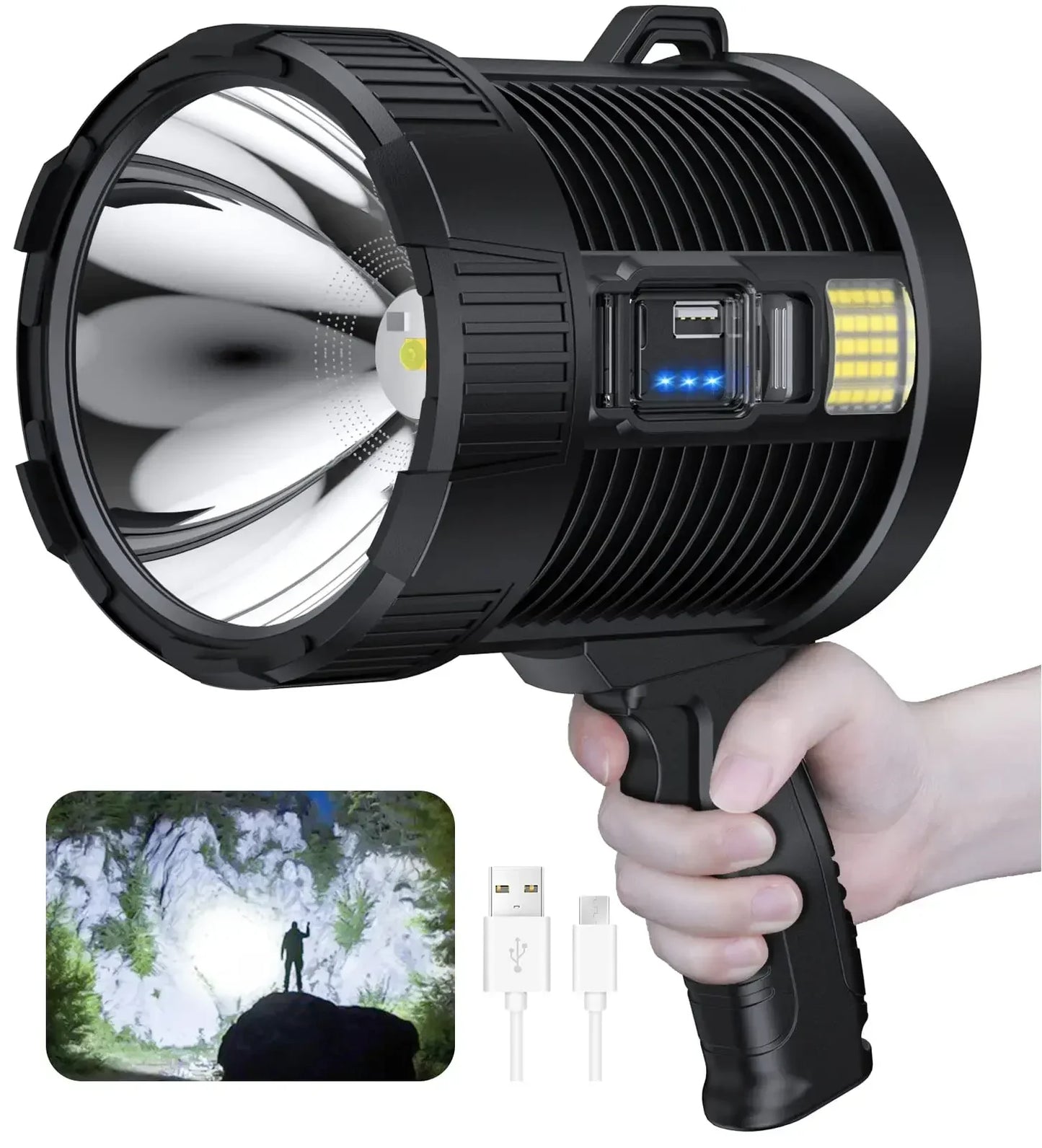 Rechargeable 900,000 Lumens LED Spotlight – Super Bright Handheld Outdoor Flashlight & Solar Searchlight
