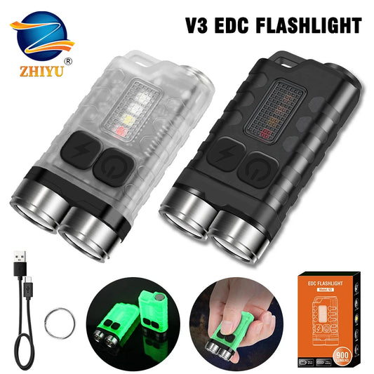 V3 Powerful EDC LED Keychain Flashlight | 1000LM Mini Portable Work Light | Type-C Rechargeable Torch | Camping Fishing Pocket Lantern