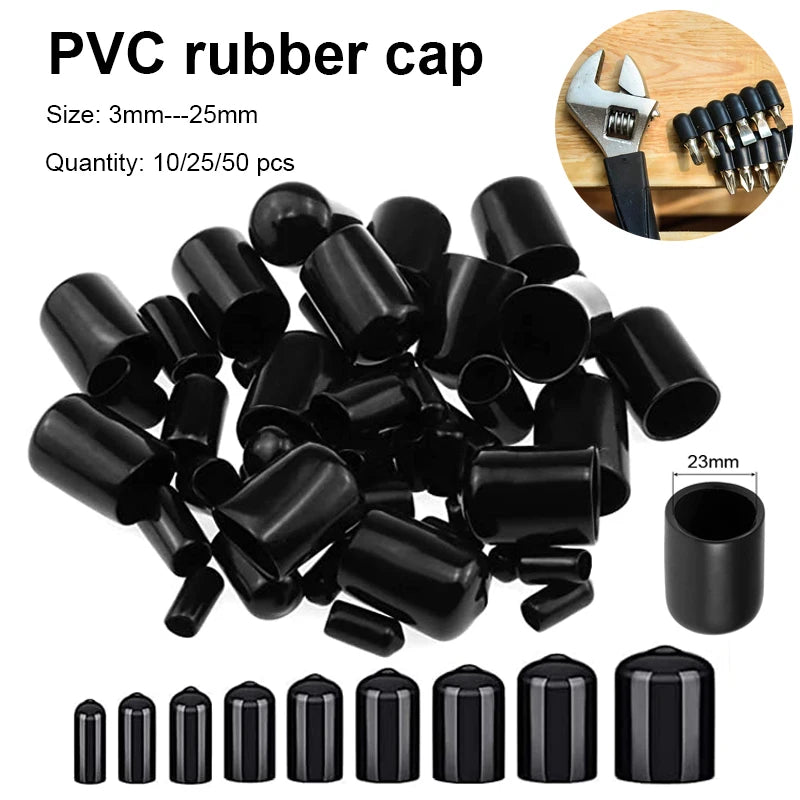 PVC & Rubber End Cap Kit — 10/25/50pcs Round Threaded Caps for Steel & Plastic Pipes, 3-25mm