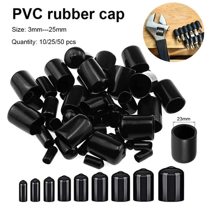 PVC & Rubber End Cap Kit — 10/25/50pcs Round Threaded Caps for Steel & Plastic Pipes, 3-25mm