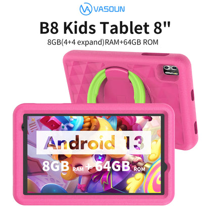 VASOUN Kids Tablet 8 Inch – Android 13, Quad-Core, 8GB RAM (4+4 Expand), 64GB ROM, 5000mAh, Dual Camera, WiFi, Parental Control