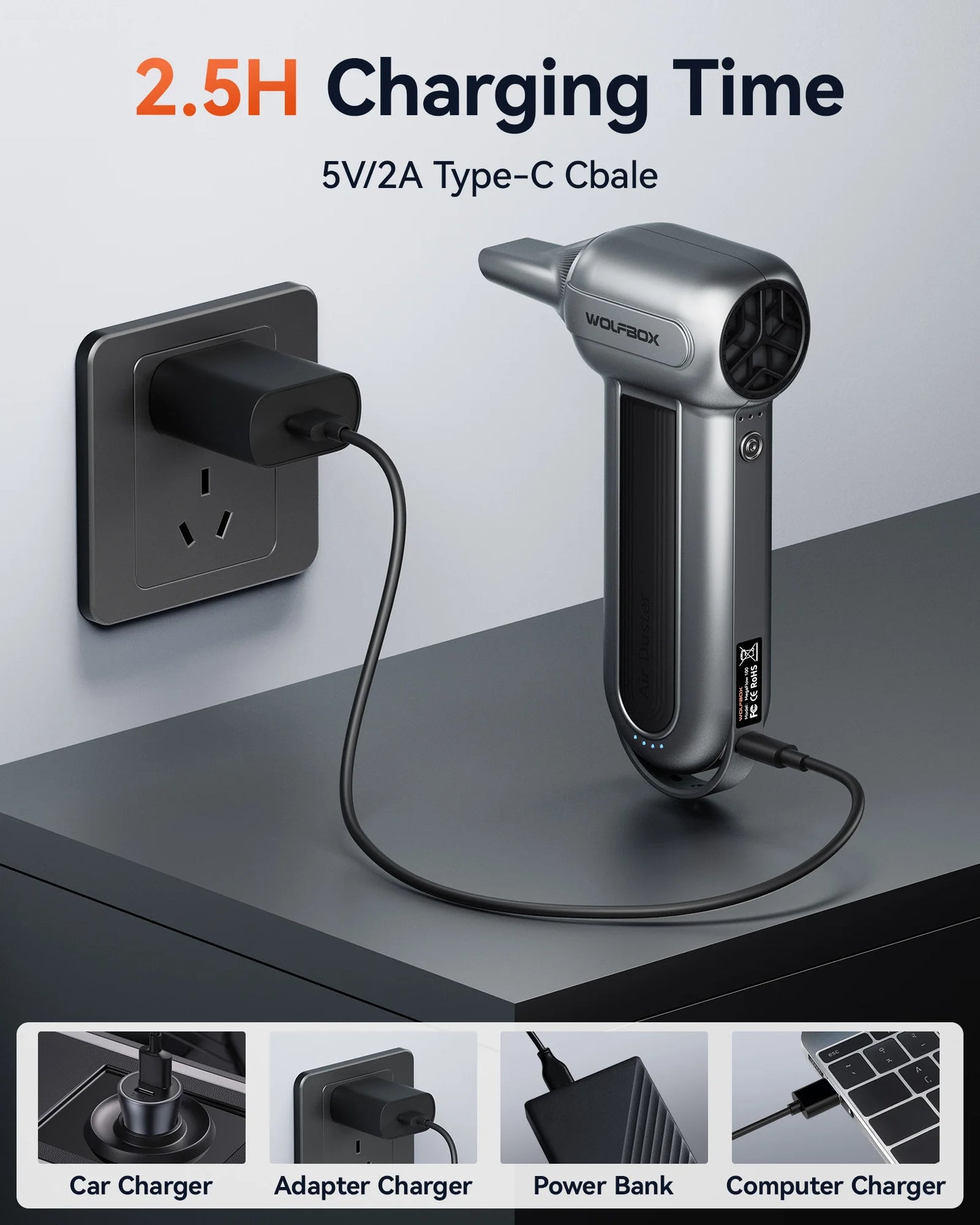 WOLFBOX MF100 Compressed Air Duster – 150000RPM Rechargeable Electric Fan Blower for Cleaning with Long Battery Life