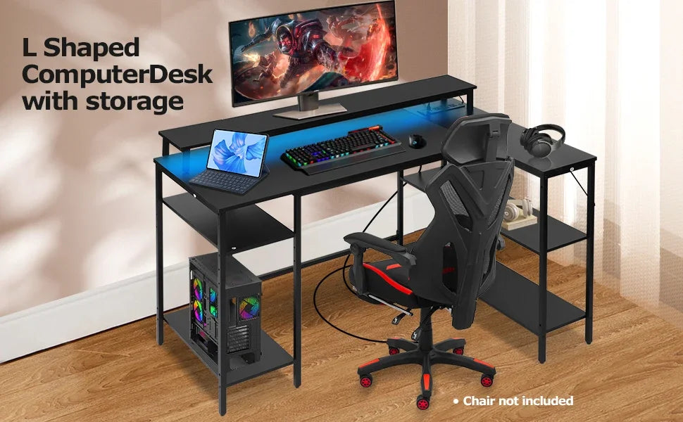 L-Shaped Gaming Desk with LED Lights – Reversible Computer Desk with Power Outlets, Stand & Shelves