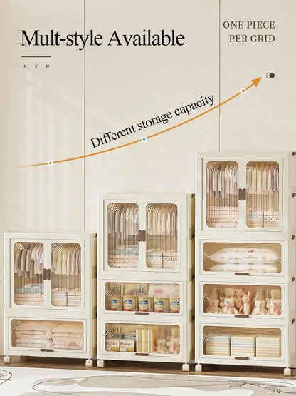 Plastic Wardrobe Closet — 27.6" Wide Stackable Multi-Layer Storage Bins with Lids & Wheels, Collapsible Drawer Organizer