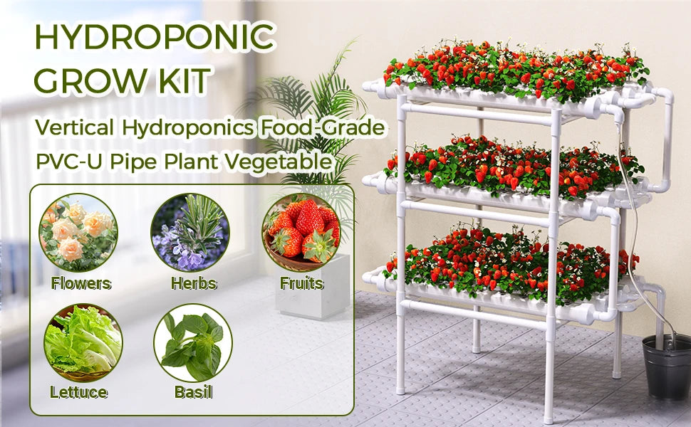 Hydroponics Growing System Kit — 3-Layer 108-Site PVC Pipe Hydroponic Garden for Vegetables & Herbs