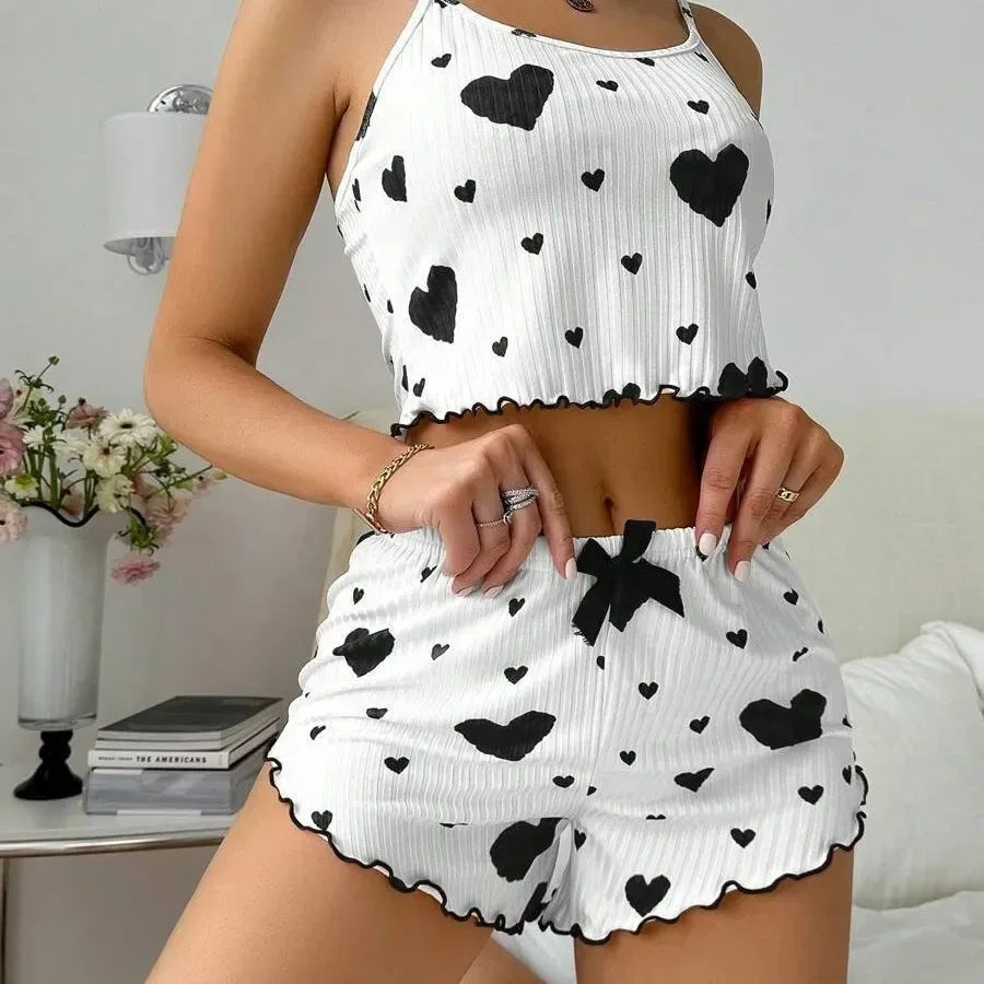 Women’s Autumn Winter Pajama Set – Heart Print Sleeveless Cami Top & Long Pants Sleepwear