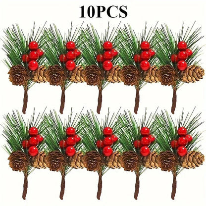 10pcs Artificial Pine Cones & Red Berries – Christmas Tree Toppers & Holiday Decor Set