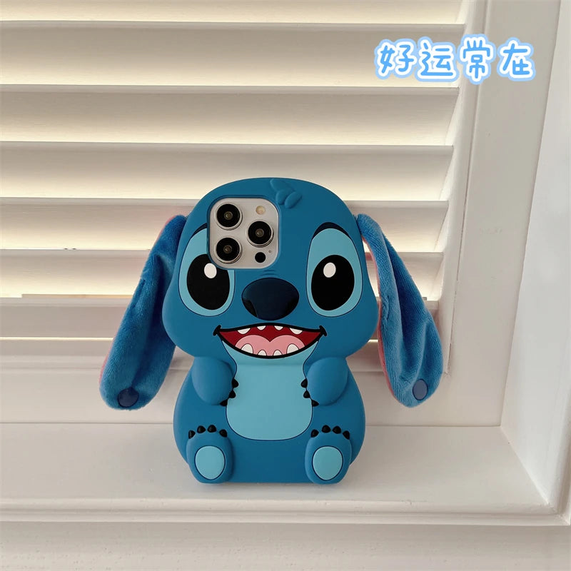 3D Stitch Plush Phone Case — Soft Silicone Cartoon Cover with Ear Strap for iPhone 11-16 Pro Max