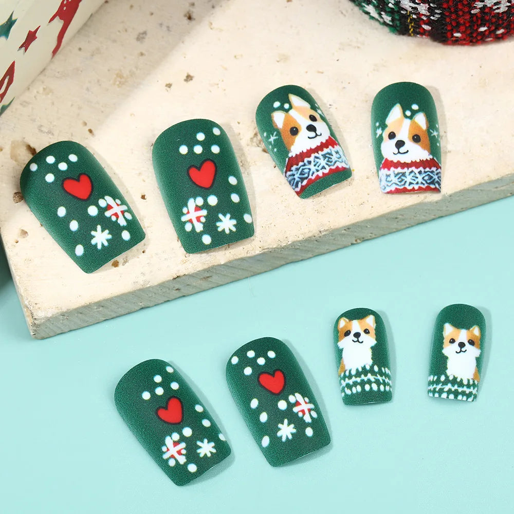 Medium Long Christmas Fake Nails – Square & Almond Tips with Tree, Snowflake & Snowman Designs