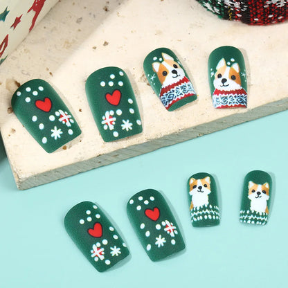 Medium Long Christmas Fake Nails – Square & Almond Tips with Tree, Snowflake & Snowman Designs
