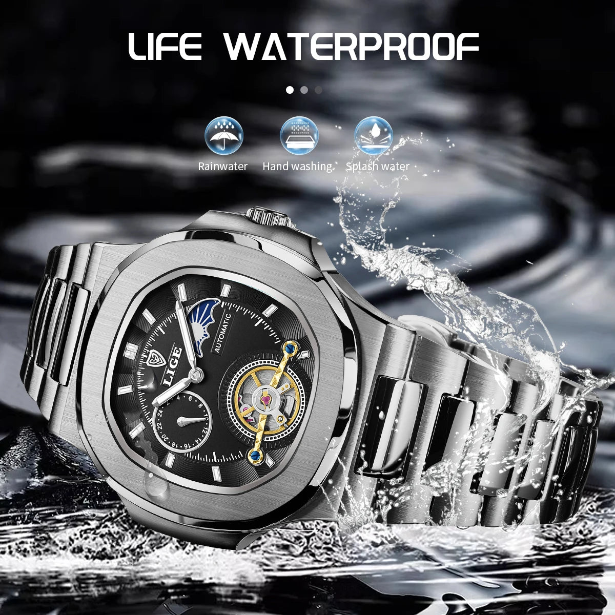 LIGE Dual Seconds Tourbillon Watch – Men's Stainless Steel Mechanical Timepiece, 24H, Night Glow, Waterproof