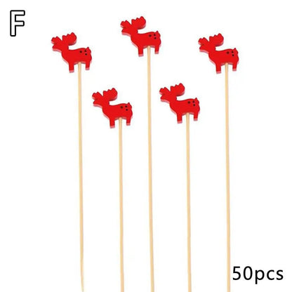 50PCS Christmas Bamboo Cocktail Picks – Santa, Snowflake & Tree Toothpicks for Drinks, Fruits, Desserts & Holiday Party Decorations 2024