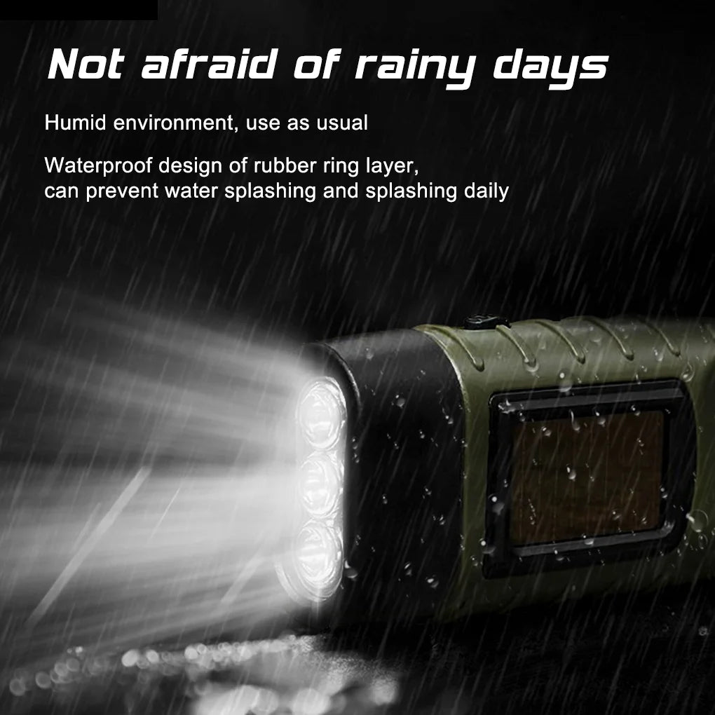 LED Flashlight Hand Crank Solar Powered Rechargeable - Survival Gear Self Powered Charging Torch Dynamo for Fishing, Boating, Hiking