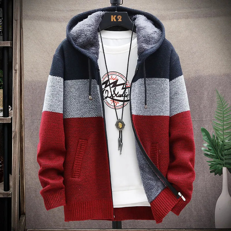 Men's Fleece Zipper Cardigan – Autumn Winter Velvet Striped Sweater Jacket