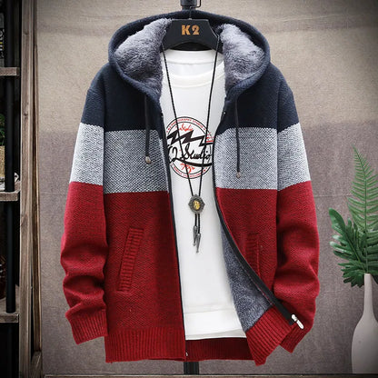 Men's Fleece Zipper Cardigan – Autumn Winter Velvet Striped Sweater Jacket