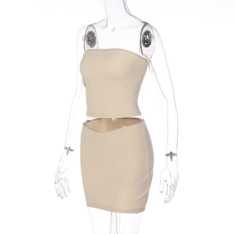 Hugcitar Solid Sleeveless Folds Tube Crop Top & Skirt Set – 2 Piece Summer Fashion Streetwear, Beach Clothing