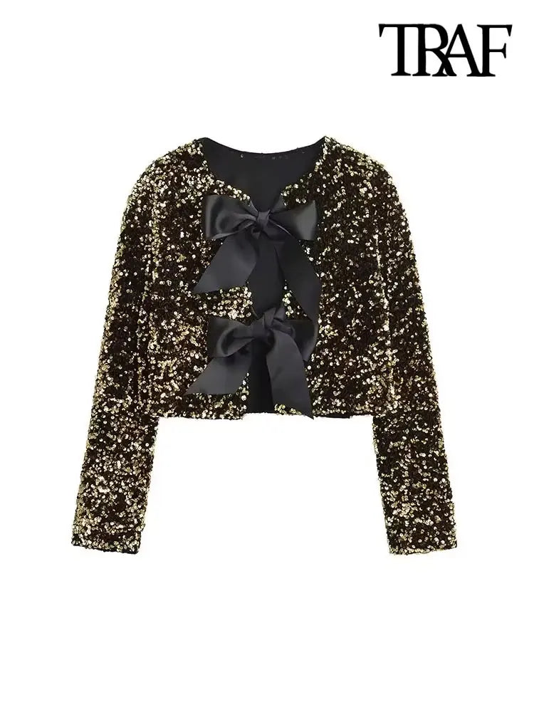 TRAF Women's Sequin Cropped Jacket – Long Sleeve O-Neck Coat with Bow Tie, Chic Outerwear Top