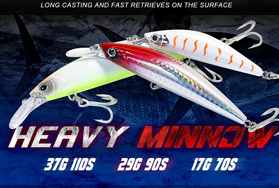 FJORD Heavy Sinking Minnow Fishing Lures – 110S 37g, 90S 29g, 70S 17g Saltwater & Freshwater Jerkbait