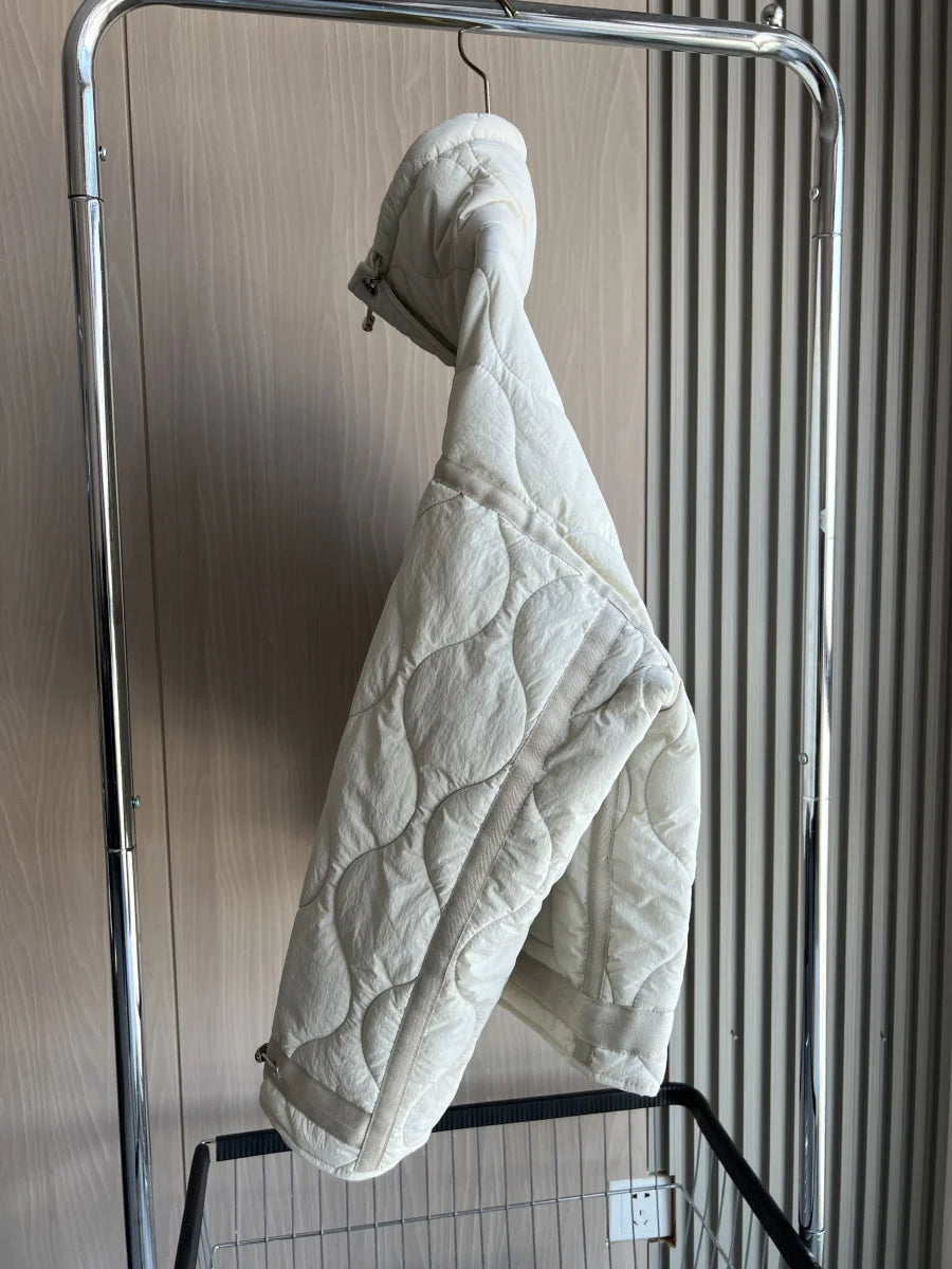 2024 ETJ Quilted Women's Coat – Beige Drawstring High Neck Jacket with Ties & Pockets