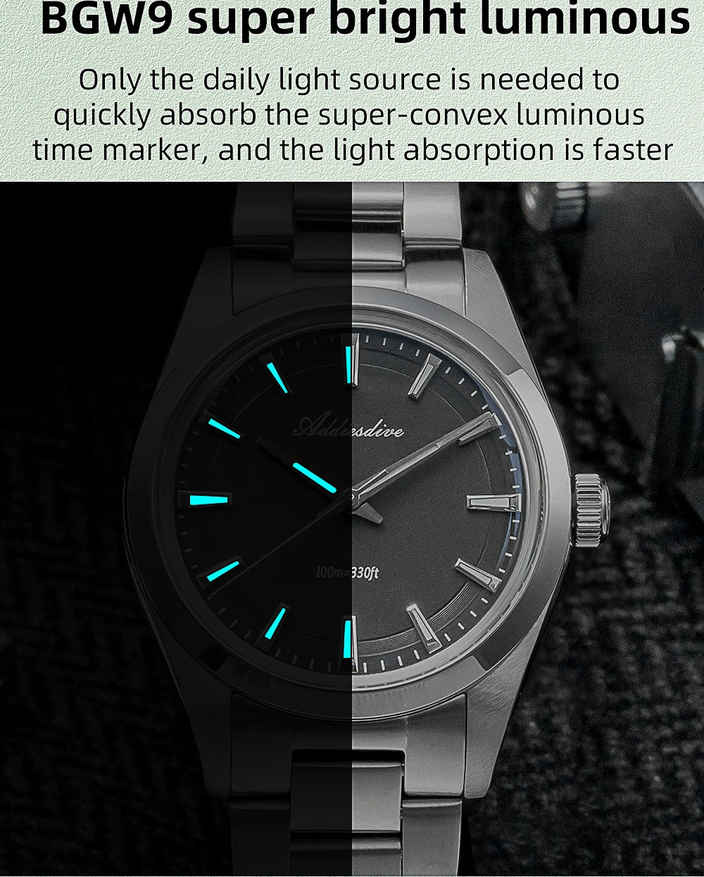 ADDIESDIVE Men's Luxury Quartz Watch – VH31, 100m Waterproof, Green AR Coating, Luminous, 316L Stainless Steel, 36mm