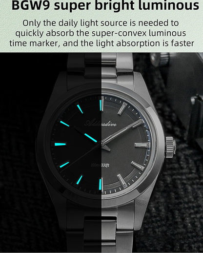ADDIESDIVE Men's Luxury Quartz Watch – VH31, 100m Waterproof, Green AR Coating, Luminous, 316L Stainless Steel, 36mm