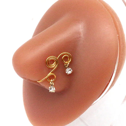 Nose Cuffs Fake Nose Ring – Brass Thread Bead Dangle Copper Clip-On Non-Piercing Body Jewelry for Women