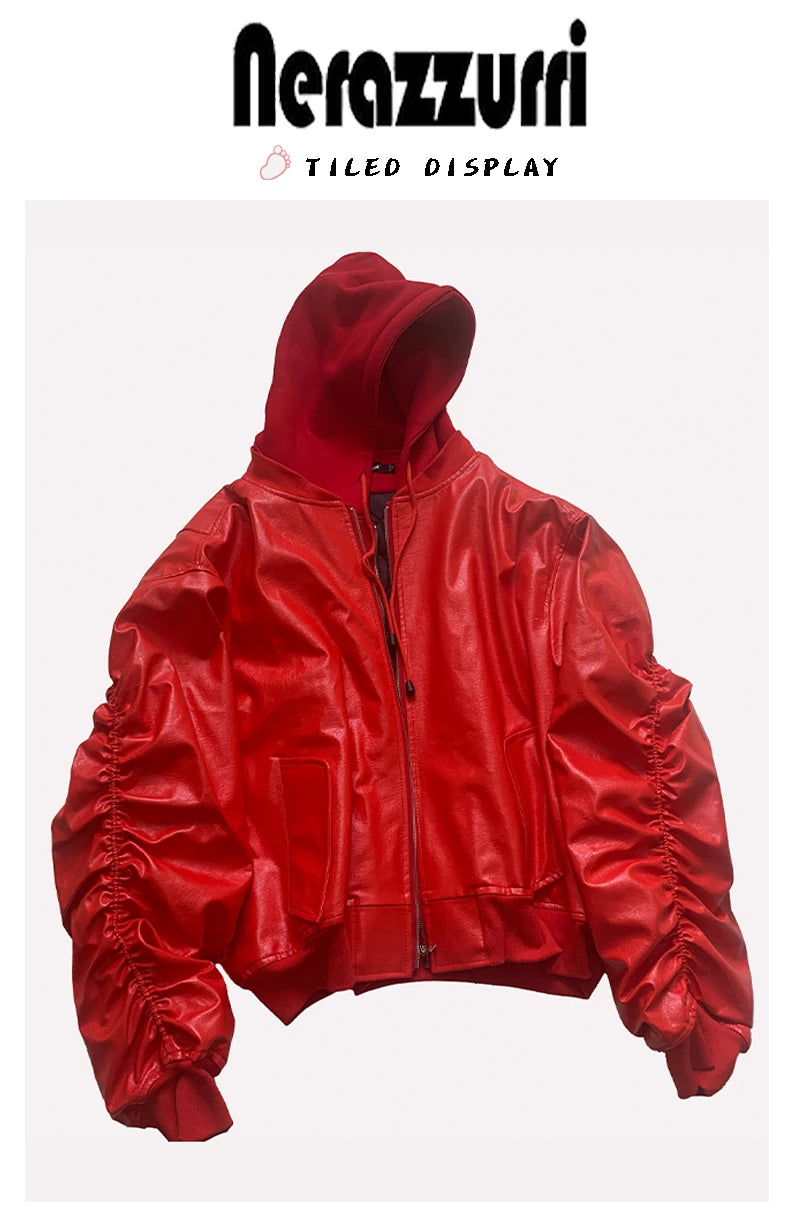 Mauroicardi Autumn Winter Oversized PU Leather Bomber Jacket for Men - Thickened Warm Hooded Luxury Designer Coat