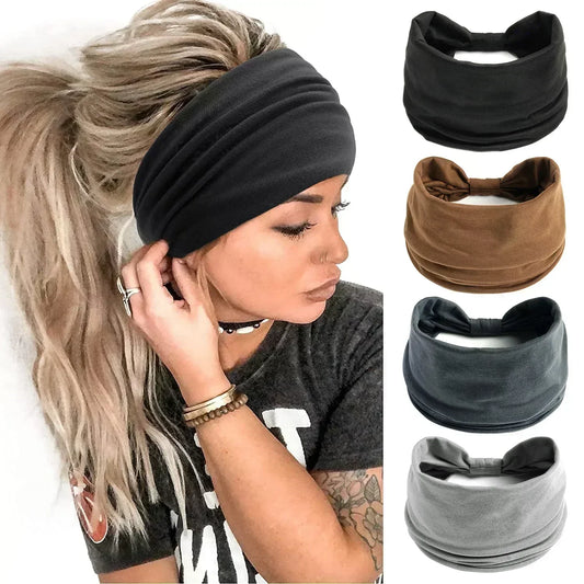 Boho Vintage Knot Wide Headband - Solid Color Elastic Turban Headwrap for Women and Girls, Cotton Soft Bandana Hair Accessories