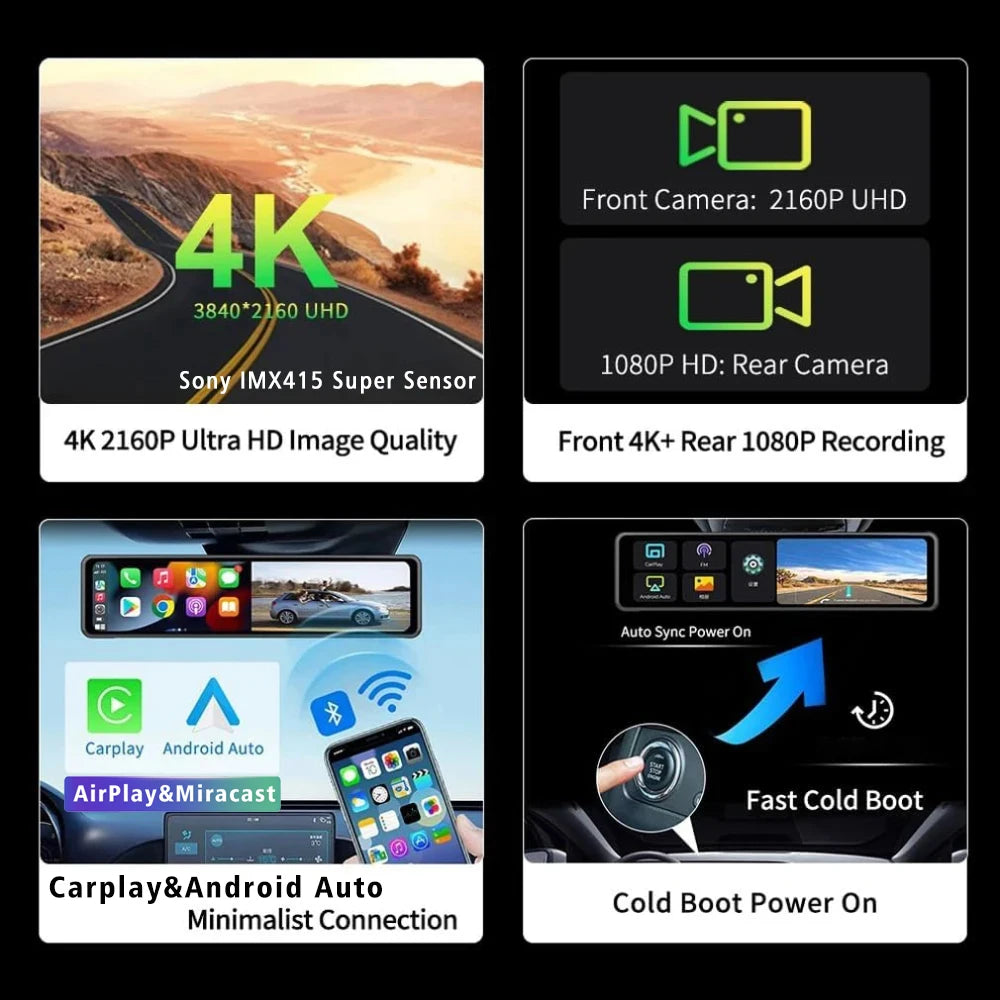 11.26" 4K 2160P Car DVR Dash Cam – CarPlay, Android Auto, GPS, WiFi, Bluetooth, FM, Rear View Mirror Camera & Drive Recorder