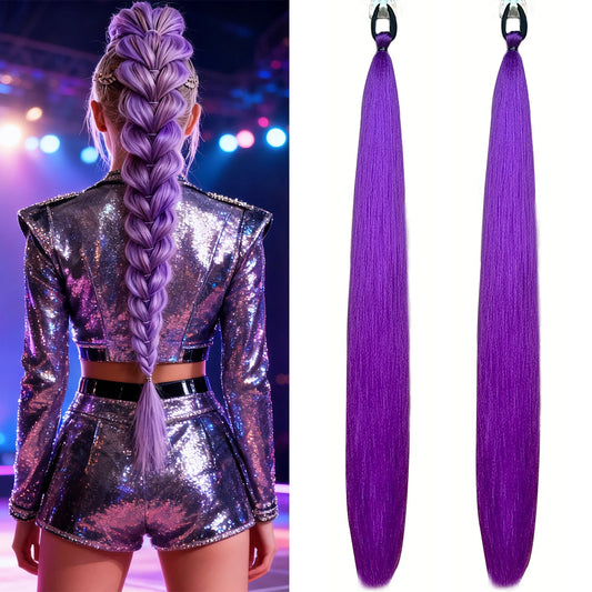 2Pcs Purple Synthetic Ponytail Extensions – Long Straight Hair Accessories with Rubber Bands for Women & Halloween