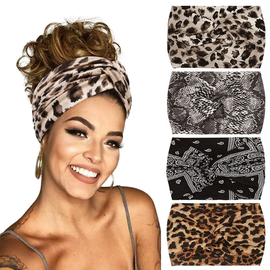 Boho Yoga Headbands for Women - Wide Thick Stretchy Turban with Leopard Print, African-Inspired Knotted Head Bands