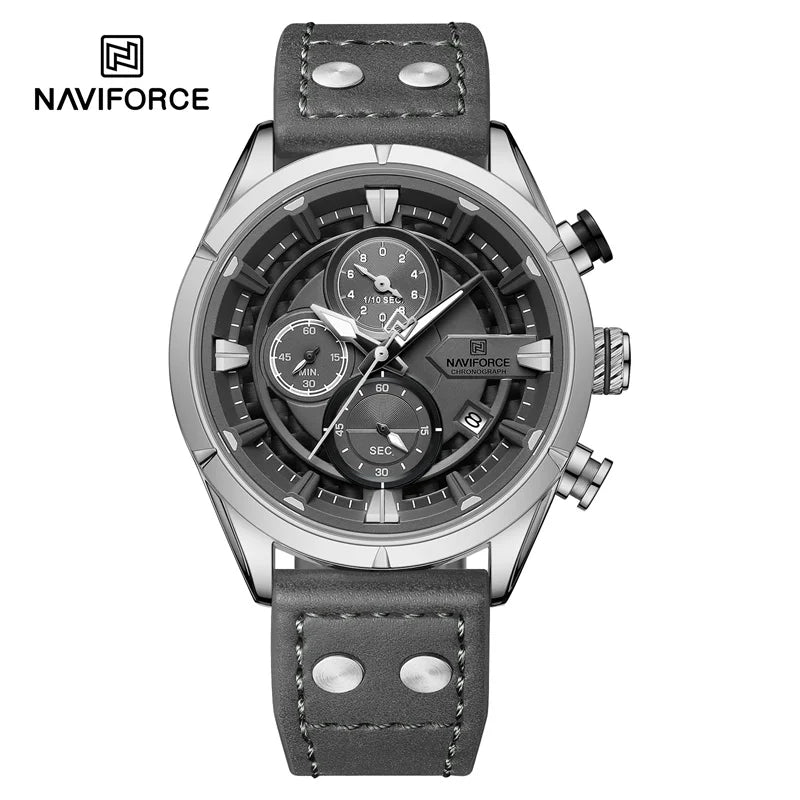 NAVIFORCE Men's Casual Watch – Luxury Waterproof Chronograph Quartz Wristwatch with Genuine Leather Strap