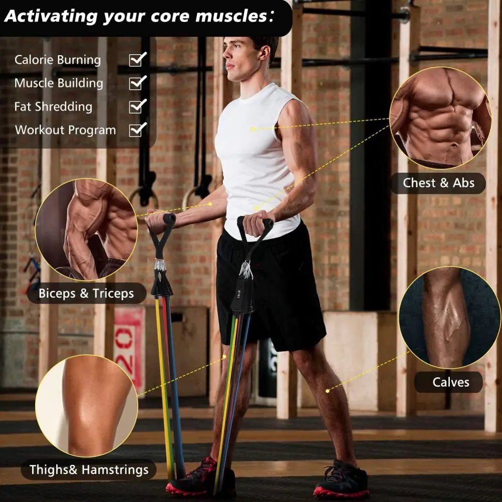 11Pcs Elastic Resistance Bands Set for Fitness, Bodybuilding & Home Gym Workouts