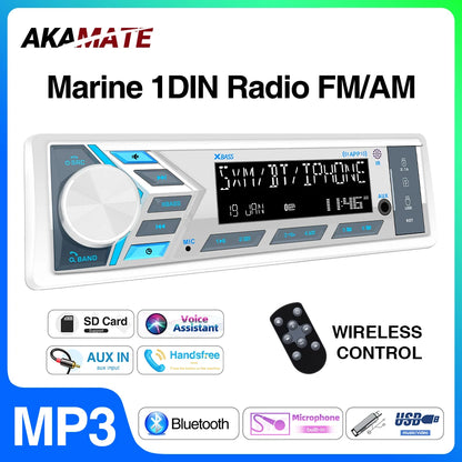 AKAMATE 1Din Boat Radio — Bluetooth Marine Media Stereo Player with AUX, USB, Remote Control, FM/AM for RV, ATV, UTV, SPA, RZR