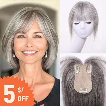 Light Grey Human Hair Topper with Thick Bangs – Clip-In 360° Coverage Hair Extensions for Women