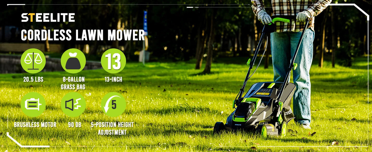 Deli 13" Cordless Electric Lawn Mower – 2-in-1 Lightweight Brushless Mower with 21V 4.0Ah Battery & Charger